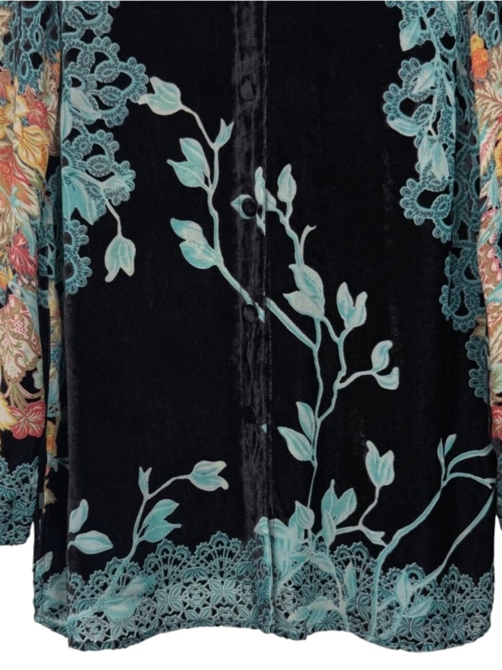 Citron Black Teal Burnout Velvet Silk Button Down Tunic Blouse Artsy Boho Size M - Picture 5 of 14